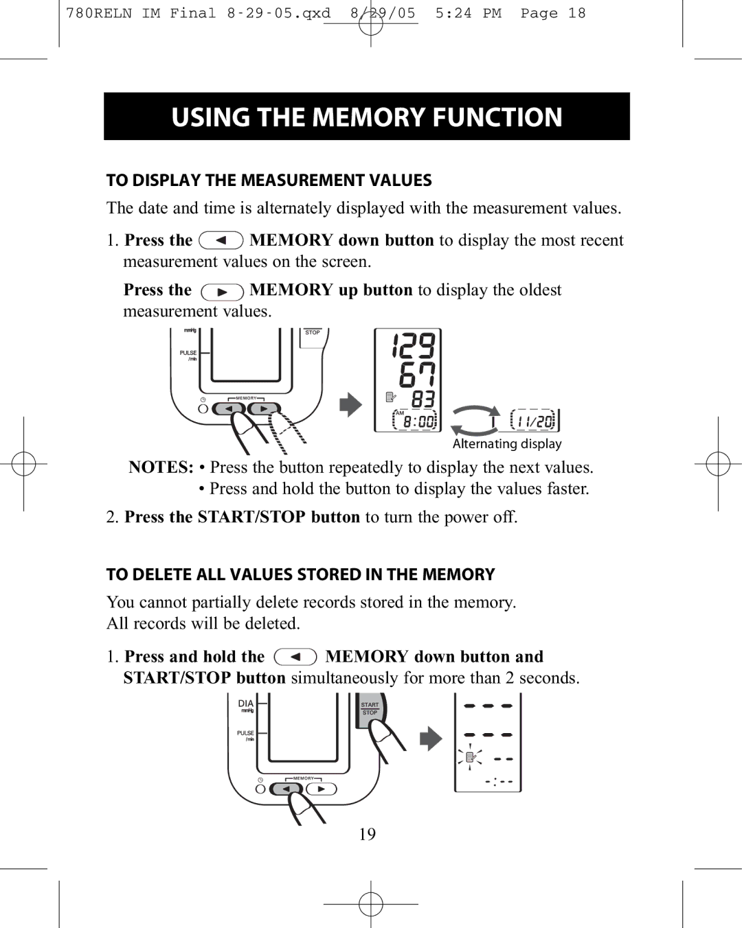 ReliOn HEM-780REL instruction manual To Display the Measurement Values, To Delete ALL Values Stored in the Memory 