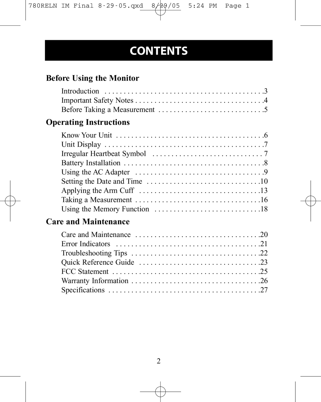 ReliOn HEM-780REL instruction manual Contents 