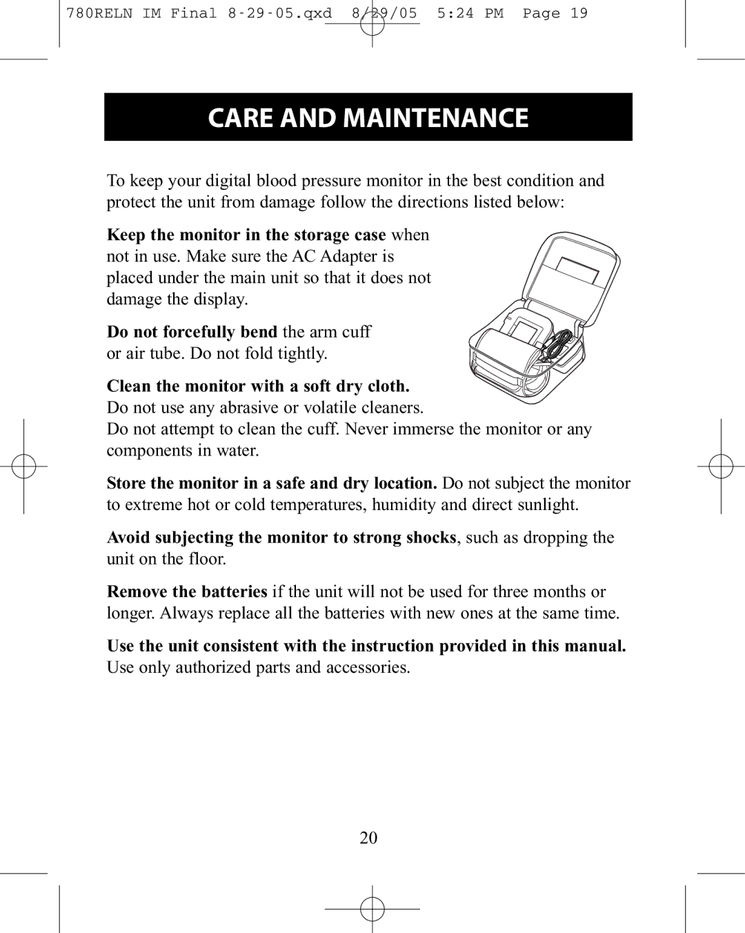 ReliOn HEM-780REL instruction manual Care and Maintenance 