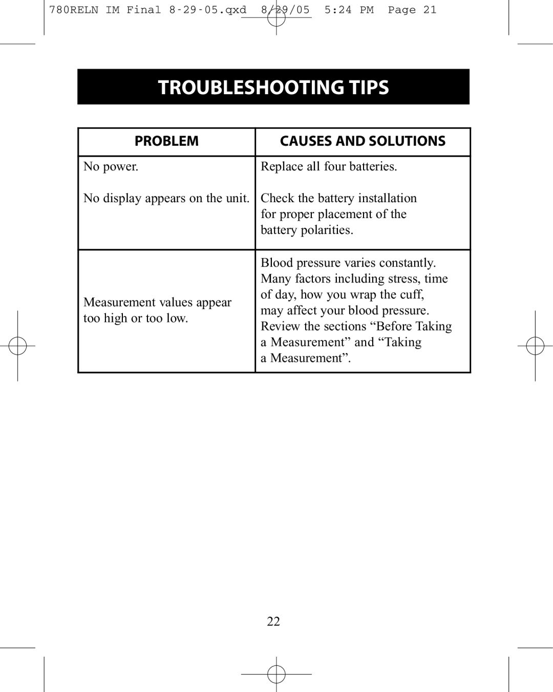 ReliOn HEM-780REL instruction manual Troubleshooting Tips, Problem Causes and Solutions 