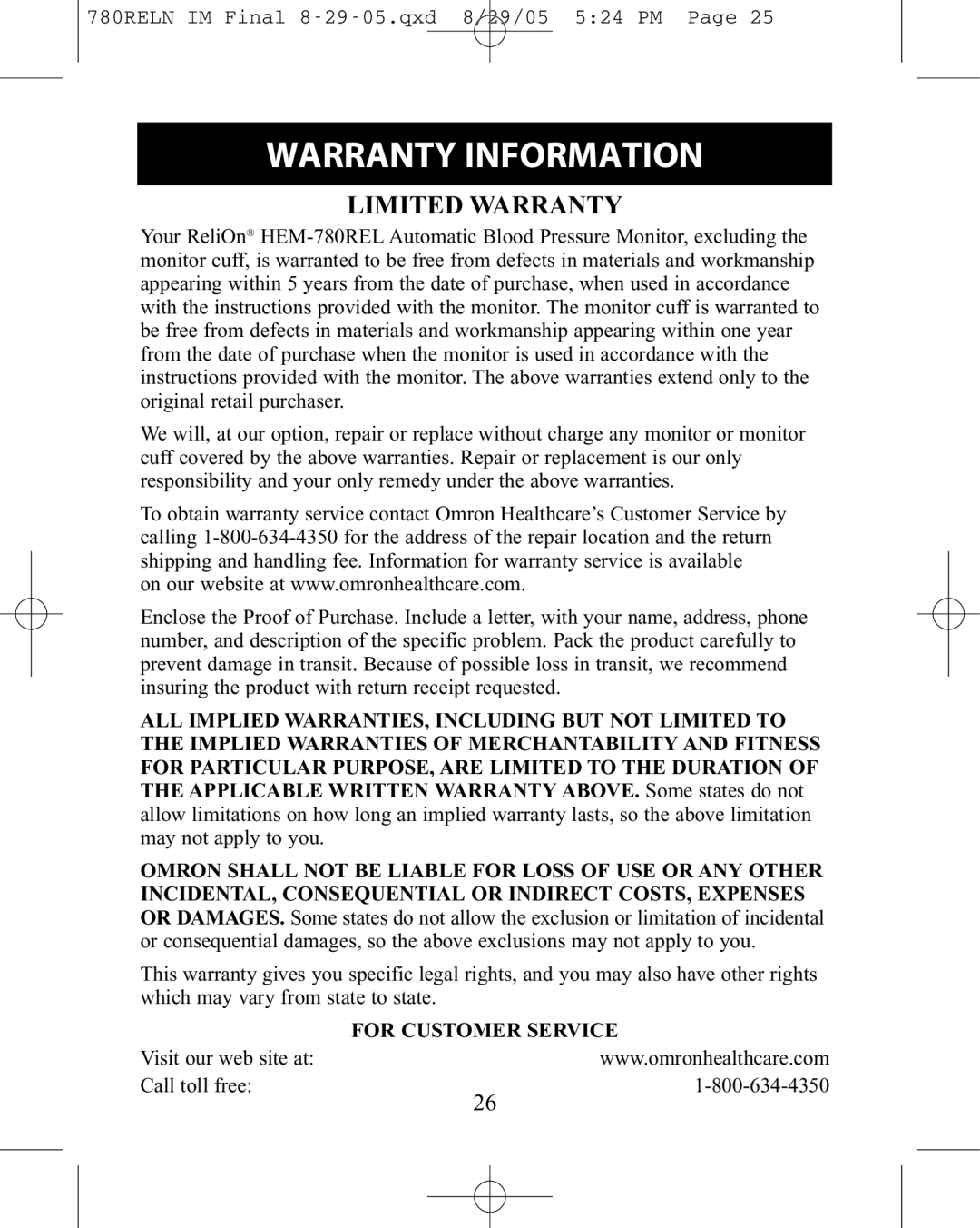 ReliOn HEM-780REL instruction manual Warranty Information, Limited Warranty 