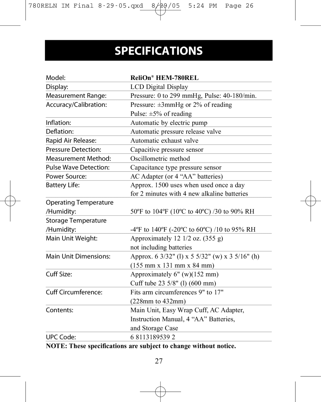 ReliOn instruction manual Specifications, ReliOn HEM-780REL 