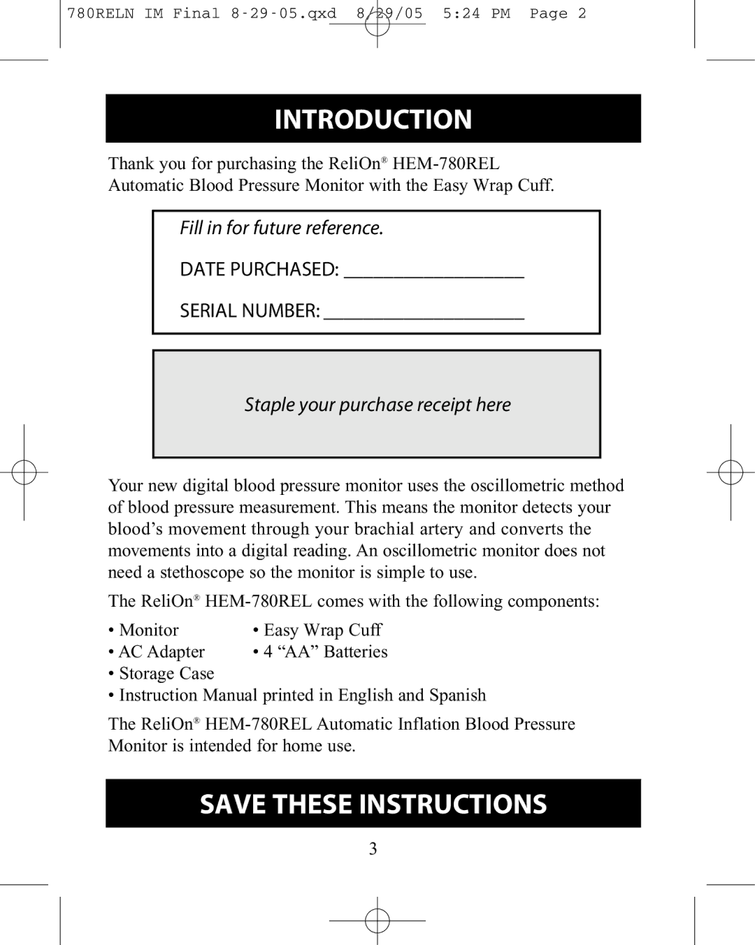 ReliOn HEM-780REL instruction manual Introduction, Staple your purchase receipt here 