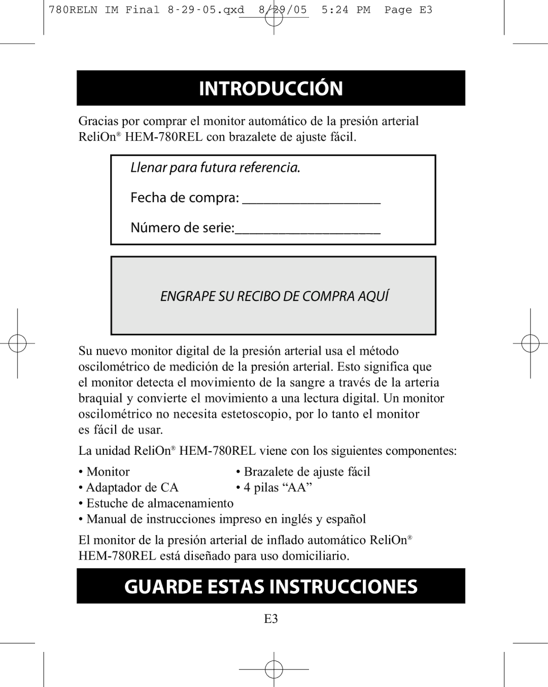 ReliOn HEM-780REL instruction manual Introducción, Guarde Estas Instrucciones 