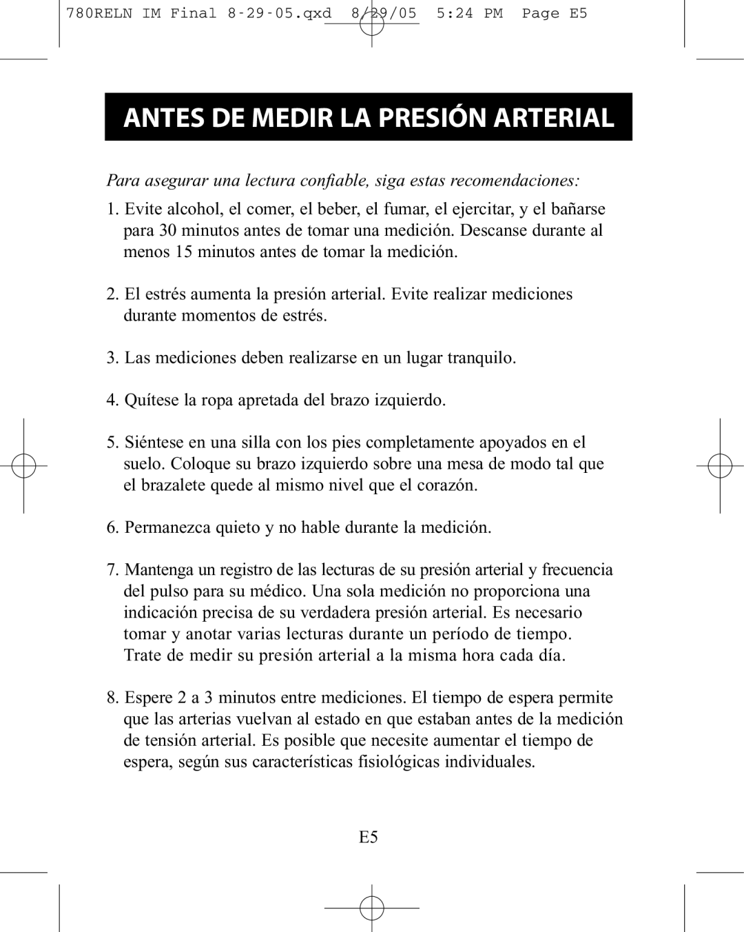 ReliOn HEM-780REL instruction manual Antes DE Medir LA Presión Arterial 