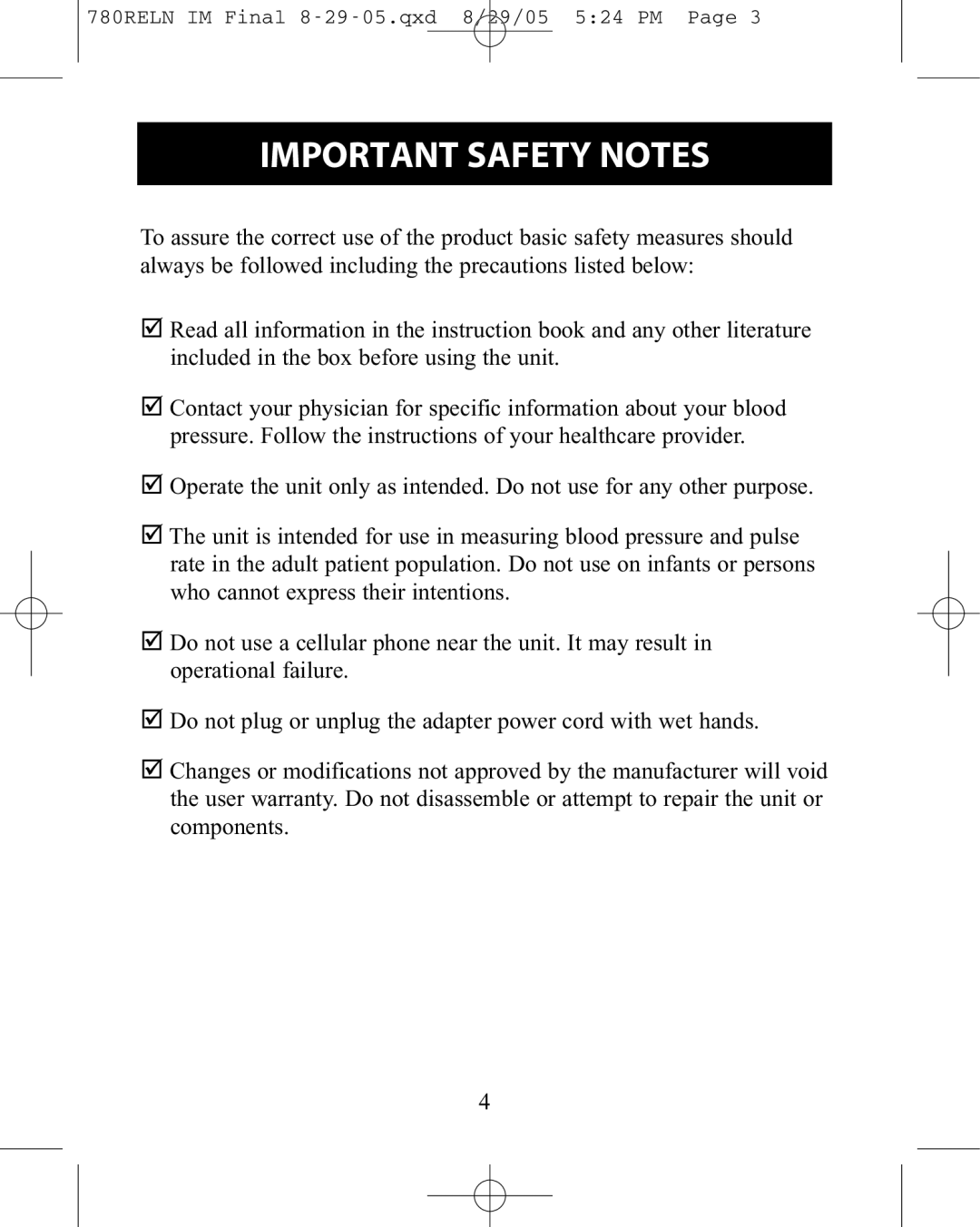 ReliOn HEM-780REL instruction manual Important Safety Notes 