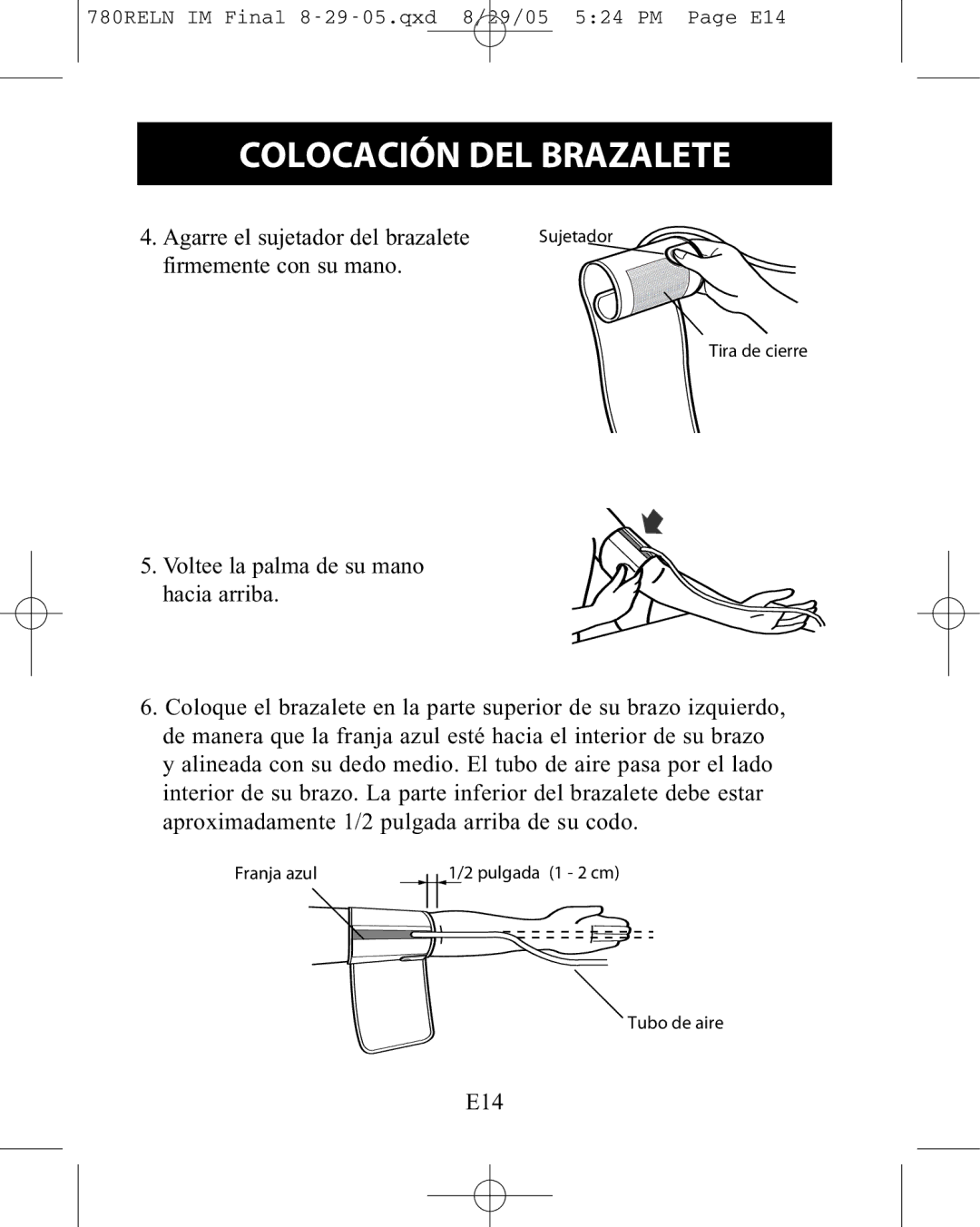 ReliOn HEM-780REL instruction manual Agarre el sujetador del brazalete 