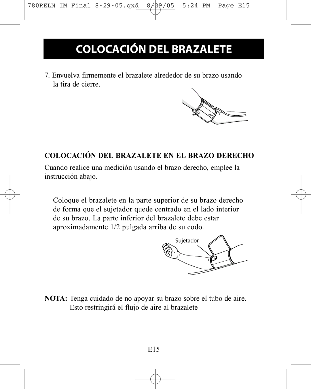 ReliOn HEM-780REL instruction manual Colocación DEL Brazalete EN EL Brazo Derecho 