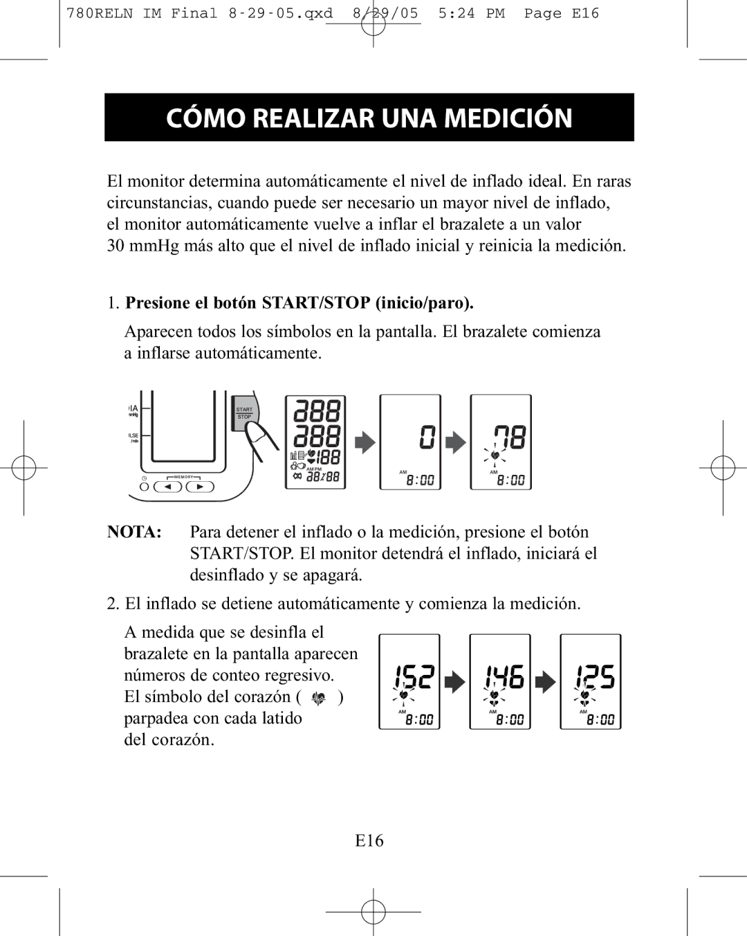 ReliOn HEM-780REL instruction manual Cómo Realizar UNA Medición, Presione el botón START/STOP inicio/paro 