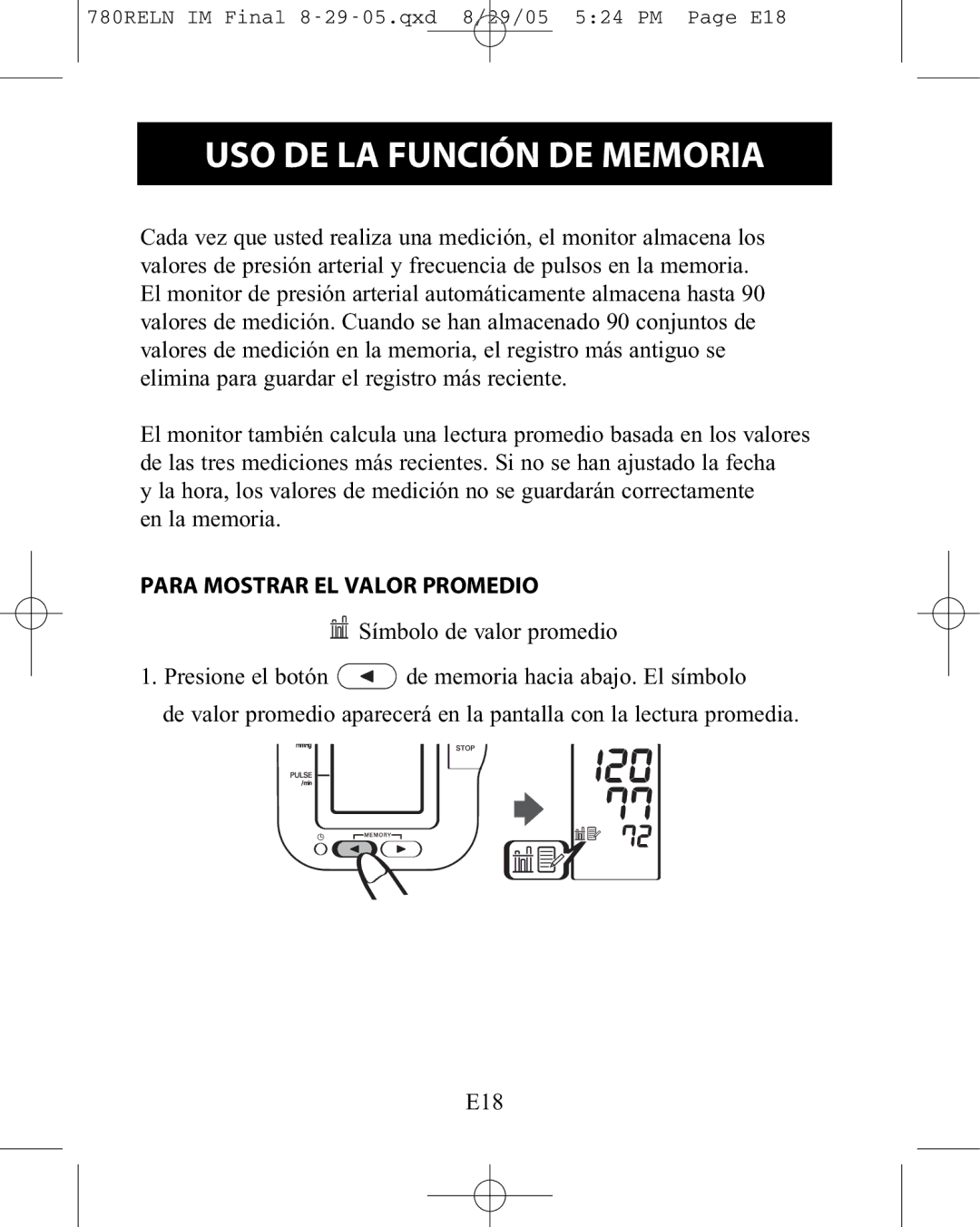 ReliOn HEM-780REL instruction manual USO DE LA Función DE Memoria, Para Mostrar EL Valor Promedio 