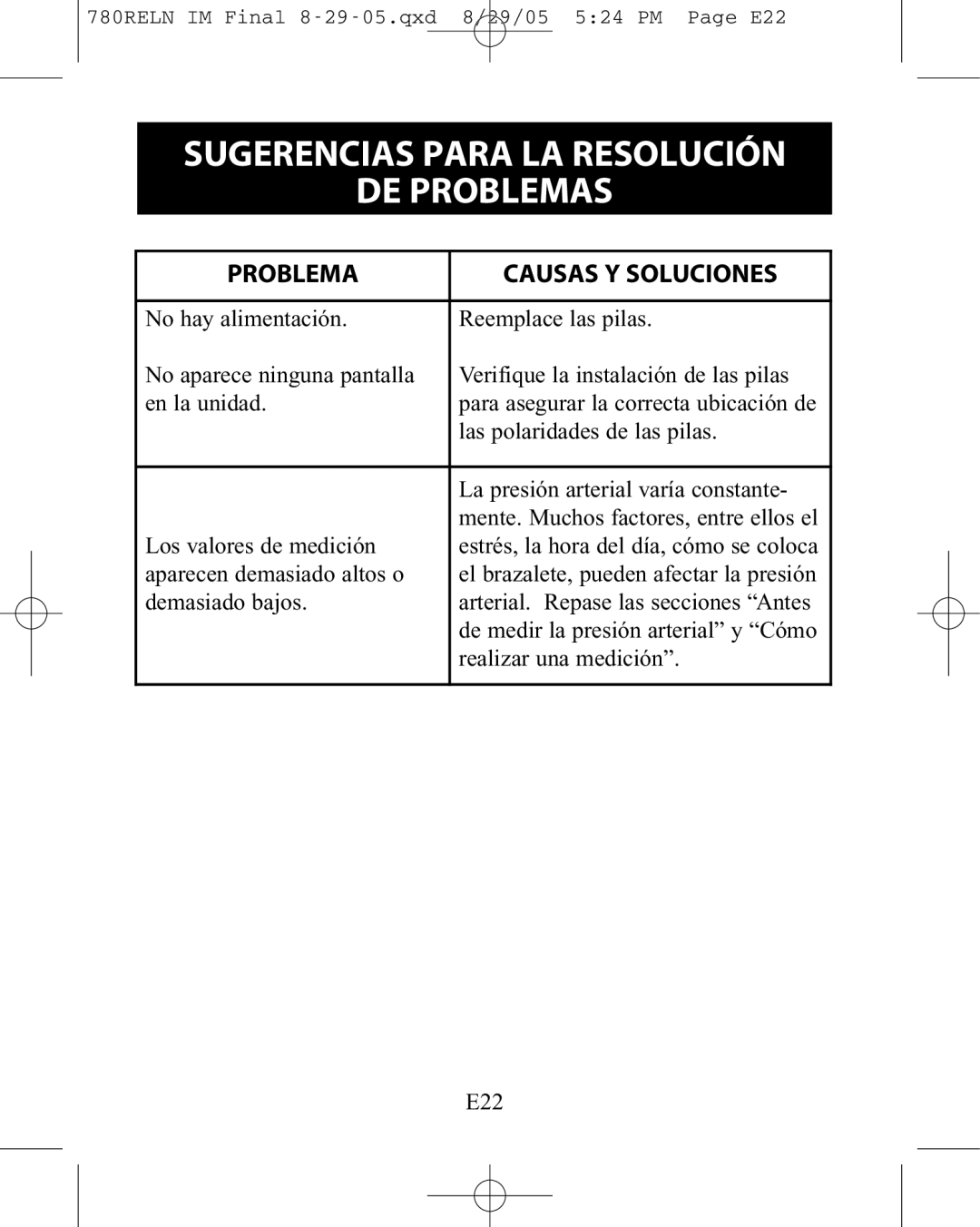 ReliOn HEM-780REL instruction manual Sugerencias Para LA Resolución DE Problemas, Problema Causas Y Soluciones 