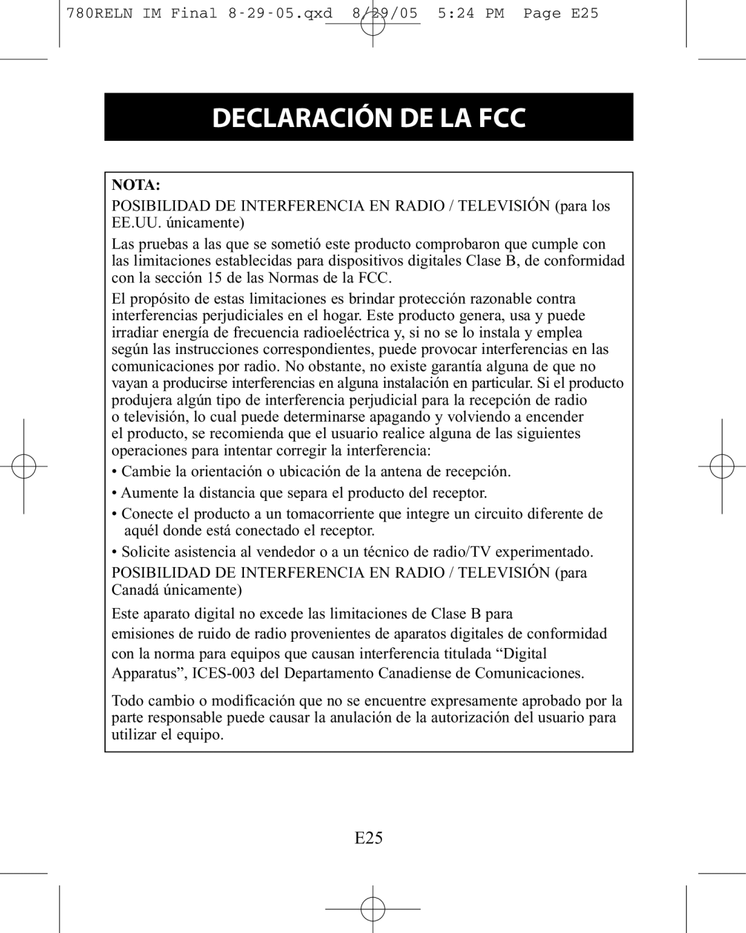 ReliOn HEM-780REL instruction manual Declaración DE LA FCC, Nota 