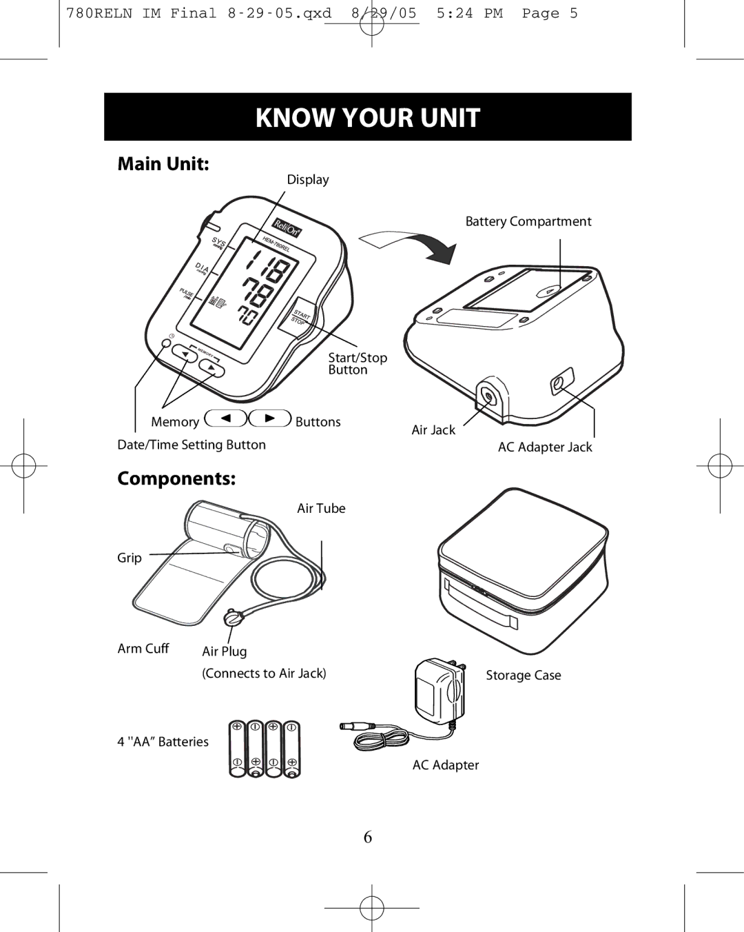 ReliOn HEM-780REL instruction manual Know Your Unit, Components 