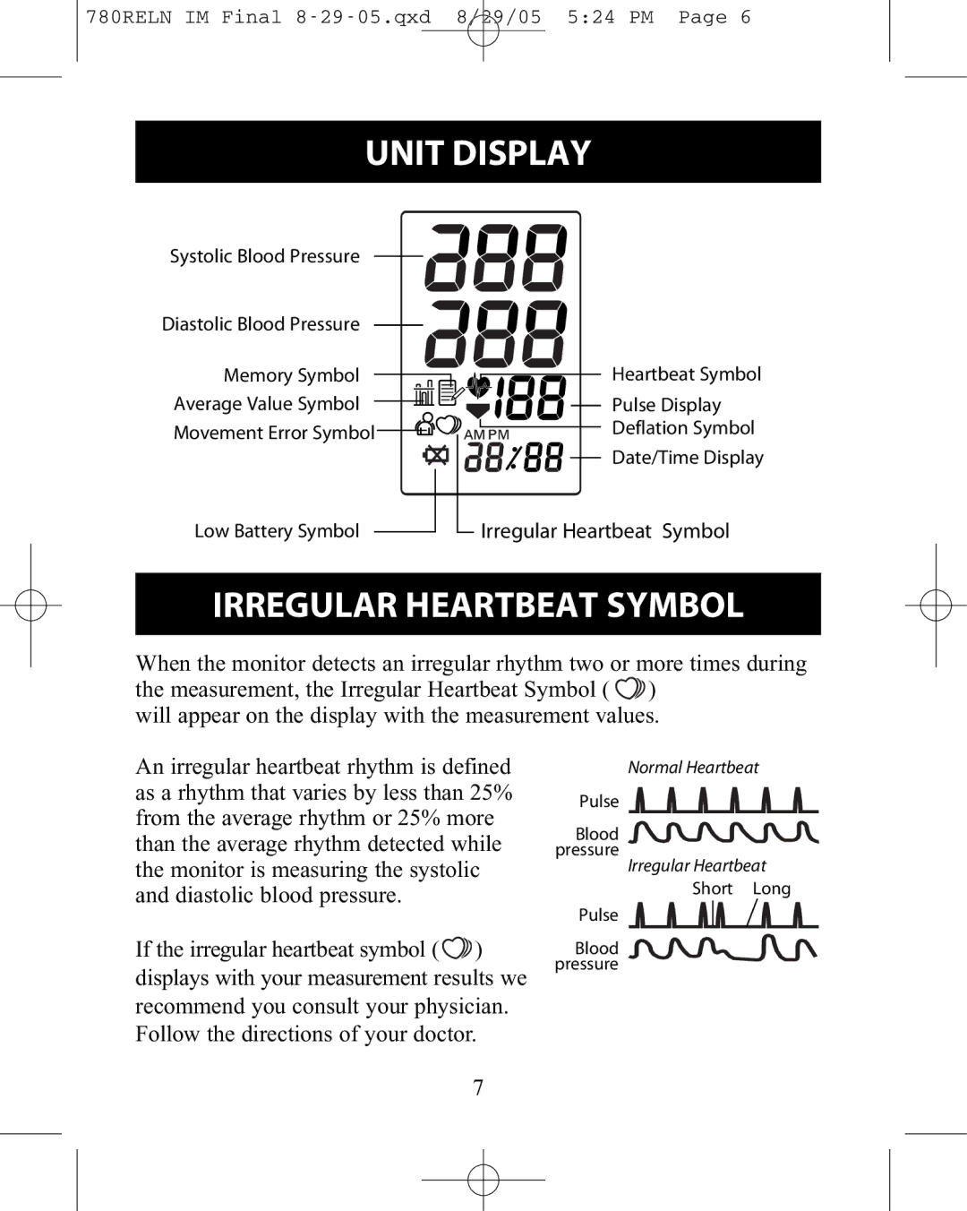 ReliOn HEM-780REL instruction manual Unit Display, Irregular Heartbeat Symbol 