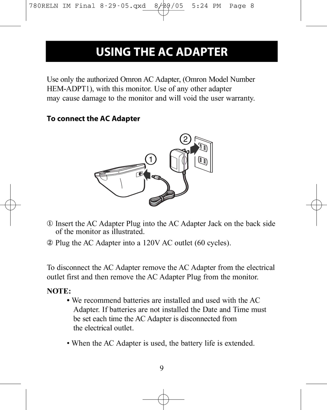 ReliOn HEM-780REL instruction manual Using the AC Adapter, To connect the AC Adapter 