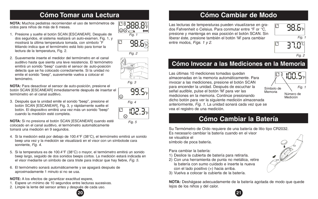 ReliOn Thermometer instruction manual Cómo Tomar una Lectura, Cómo Cambiar de Modo, Cómo Cambiar la Batería 