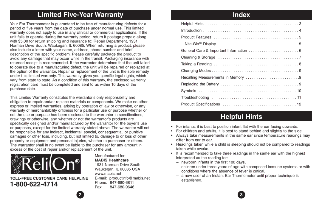 ReliOn Thermometer instruction manual Limited Five-Year Warranty, Index, Helpful Hints, Mabis Healthcare 