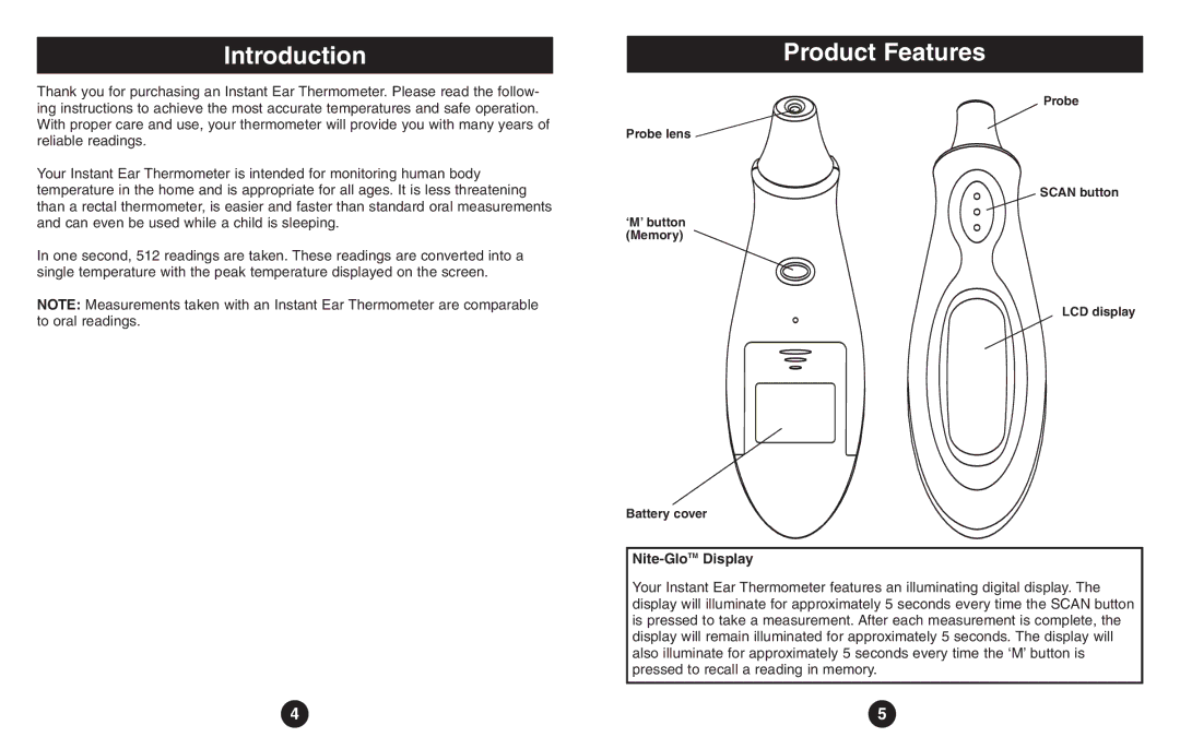 ReliOn Thermometer instruction manual Introduction, Product Features, Nite-GloTMDisplay 