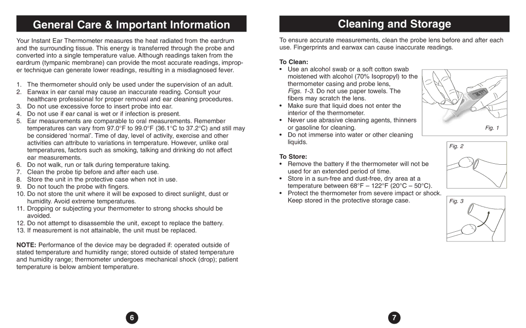 ReliOn Thermometer instruction manual General Care & Important Information, Cleaning and Storage, To Clean, To Store 