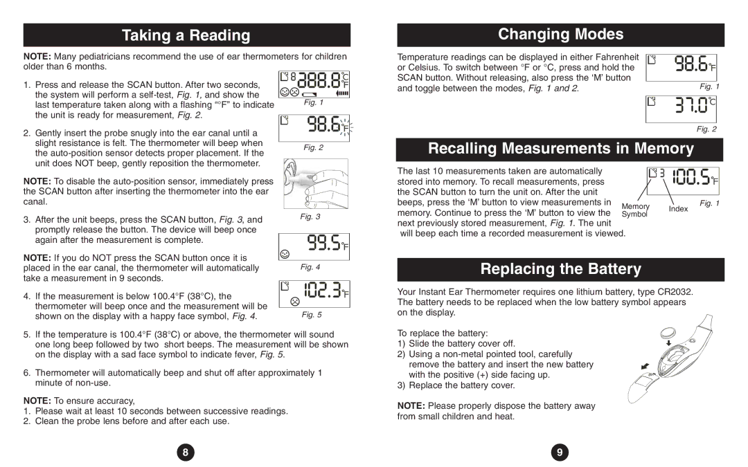 ReliOn Thermometer Taking a Reading, Changing Modes, Recalling Measurements in Memory, Replacing the Battery 