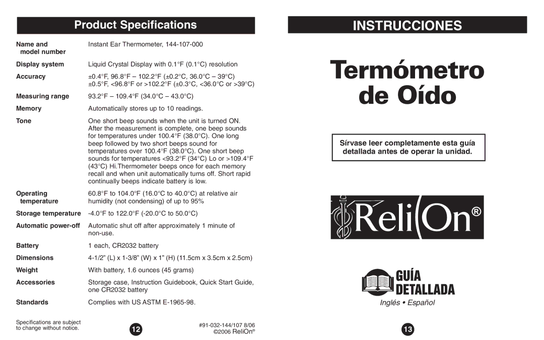 ReliOn Thermometer instruction manual Product Specifications 