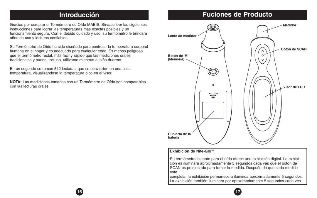 ReliOn Thermometer instruction manual Introducción, Fuciones de Producto, Exhibición de Nite-GloTM 