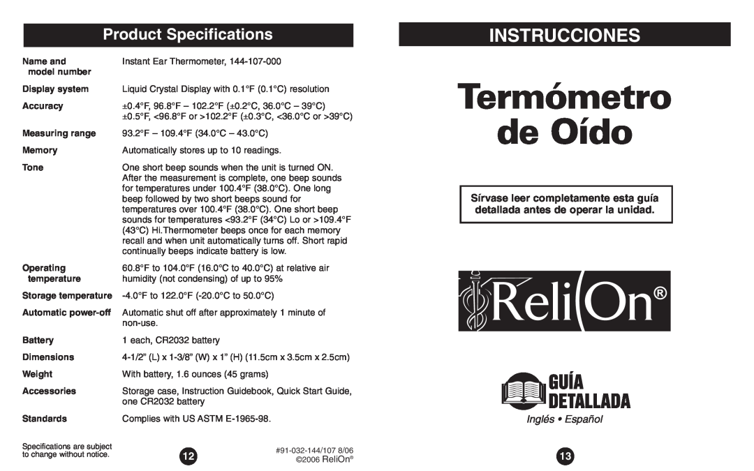 ReliOn Thermometer instruction manual Termómetro de Oído, Instrucciones, Product Specifications, Inglés Español 