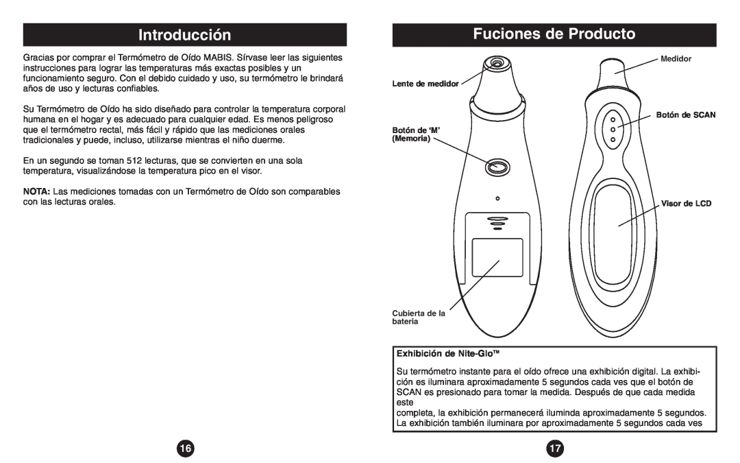 ReliOn Thermometer instruction manual Introducción, Fuciones de Producto, Exhibición de Nite-GloTM 