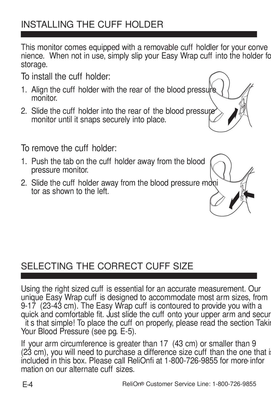 ReliOn UA-787REL instruction manual Installing the cuff holder, To install the cuff holder, To remove the cuff holder 