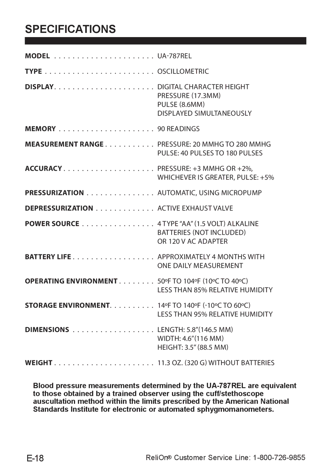 ReliOn UA-787REL instruction manual Specifications, Weight 