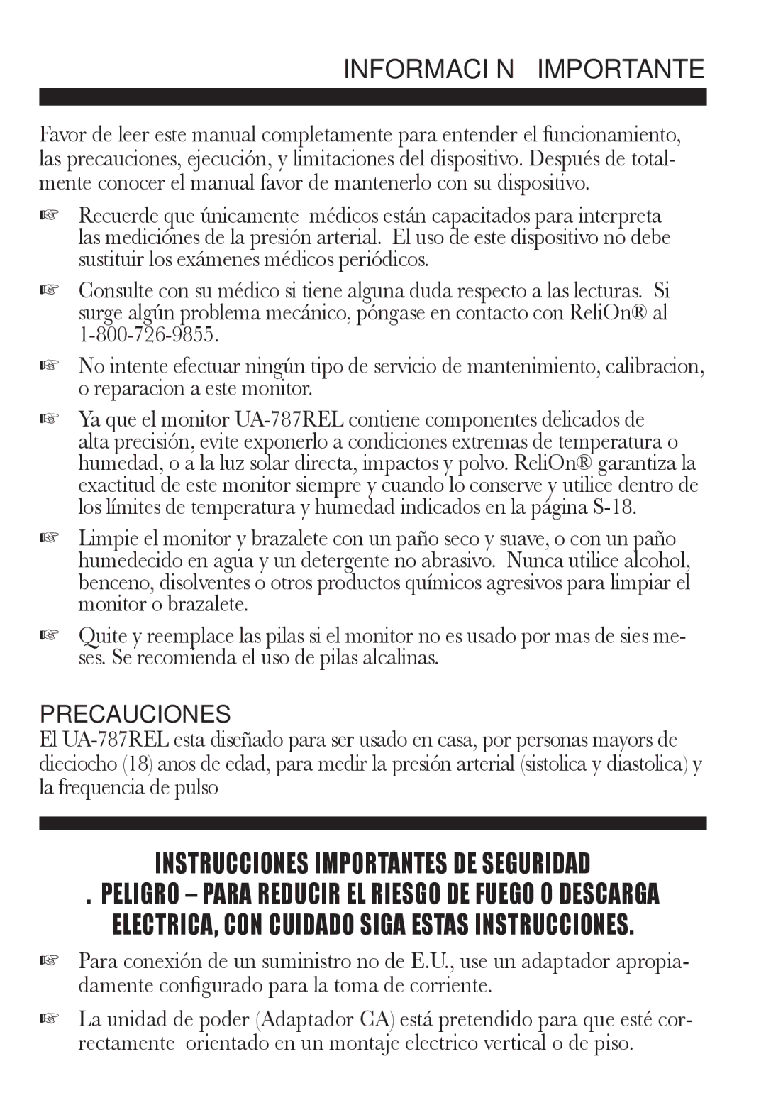 ReliOn UA-787REL instruction manual Información Importante, Precauciones 