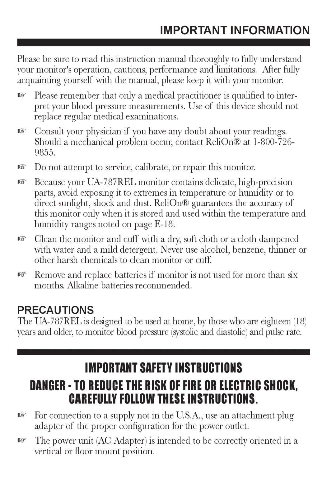 ReliOn UA-787REL instruction manual Important information, Precautions 