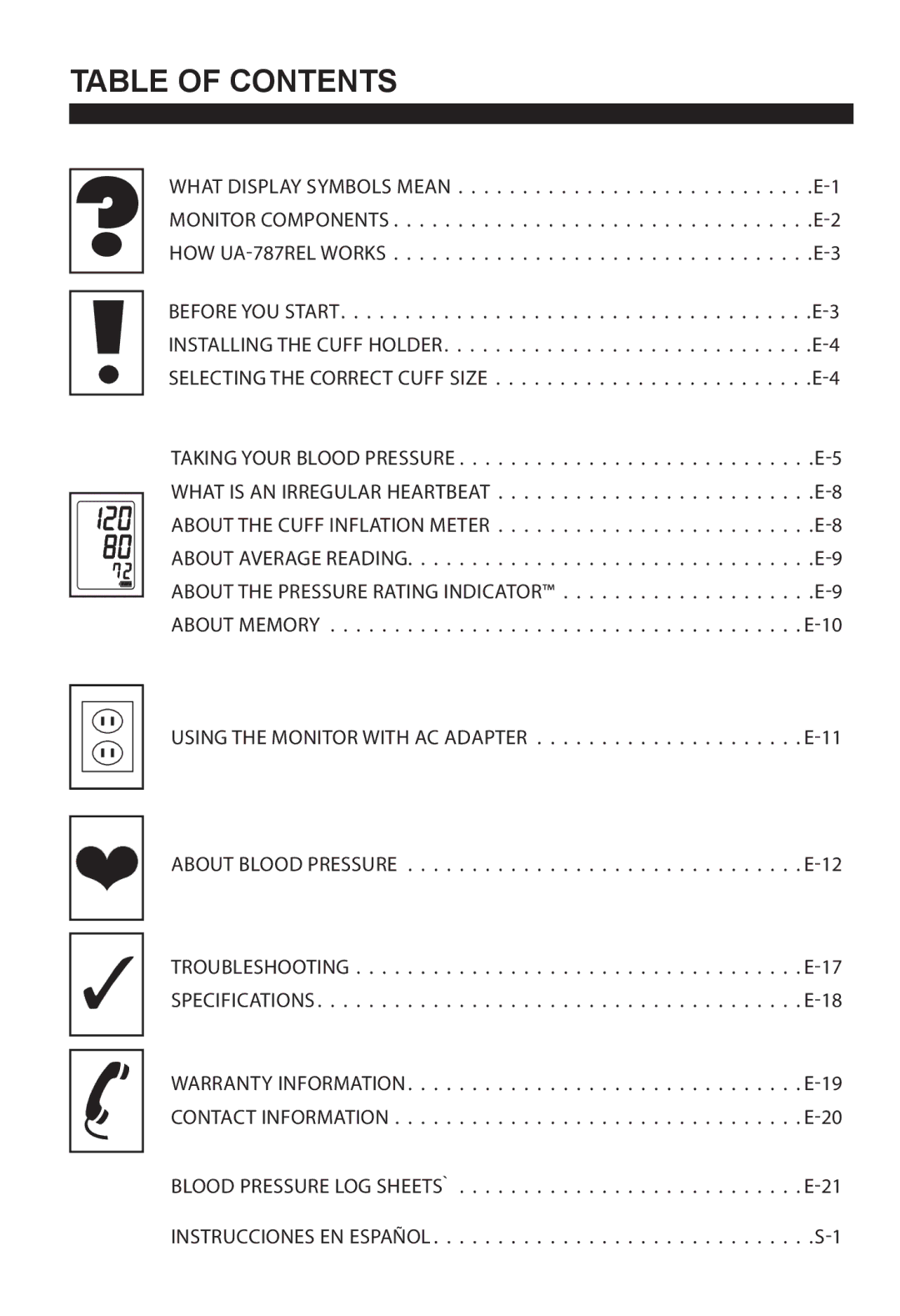 ReliOn UA-787REL instruction manual Table of Contents 