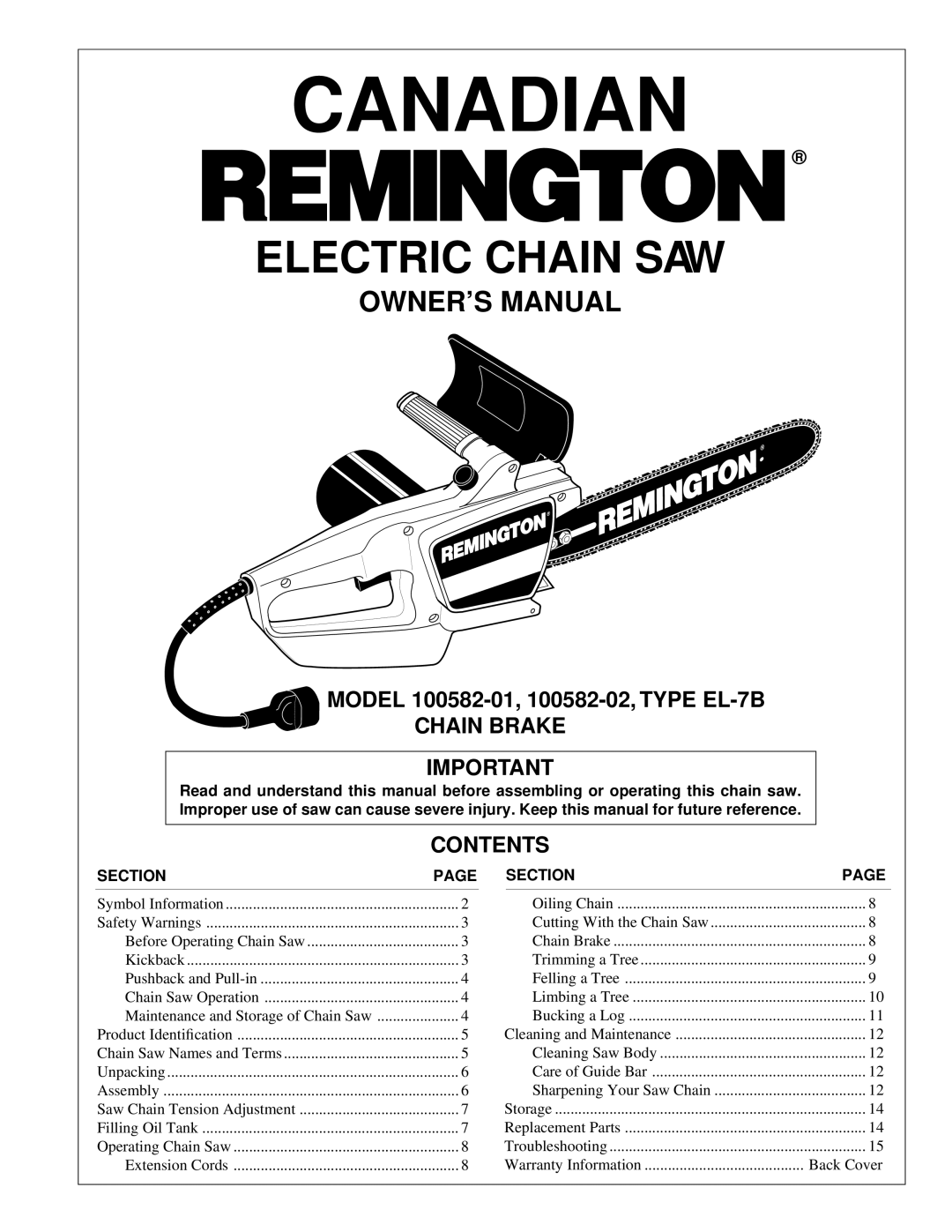 Remington 100582-01, 100582-02, EL-7B owner manual Chain Brake, Contents 