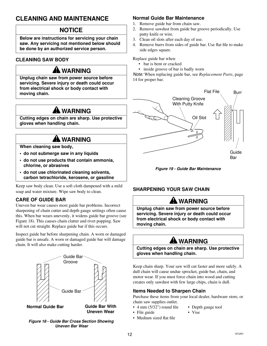 Remington 100582-01, 100582-02 Cleaning and Maintenance, Cleaning SAW Body, Care of Guide BAR, Sharpening Your SAW Chain 