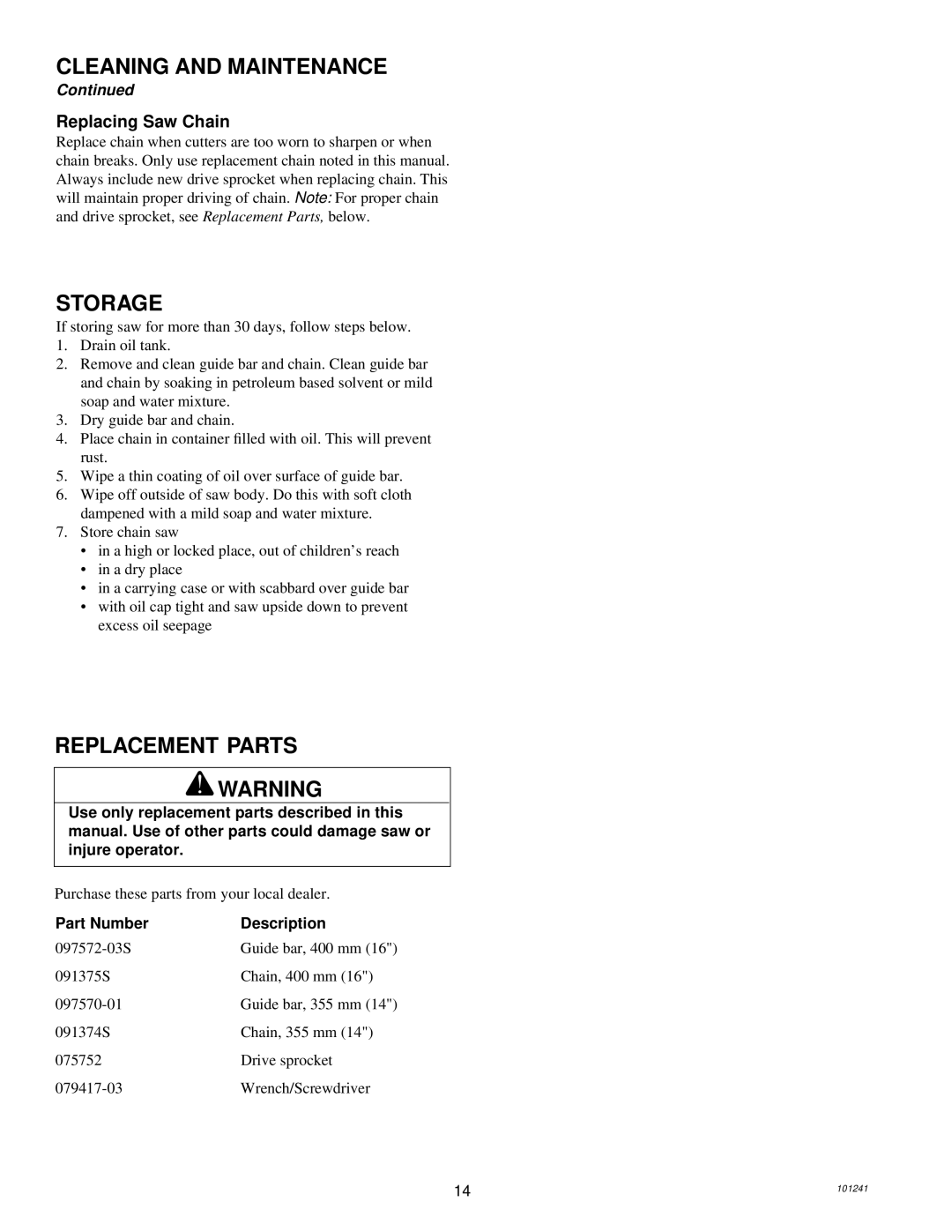 Remington 100582-01, 100582-02, EL-7B owner manual Storage, Replacement Parts, Replacing Saw Chain 