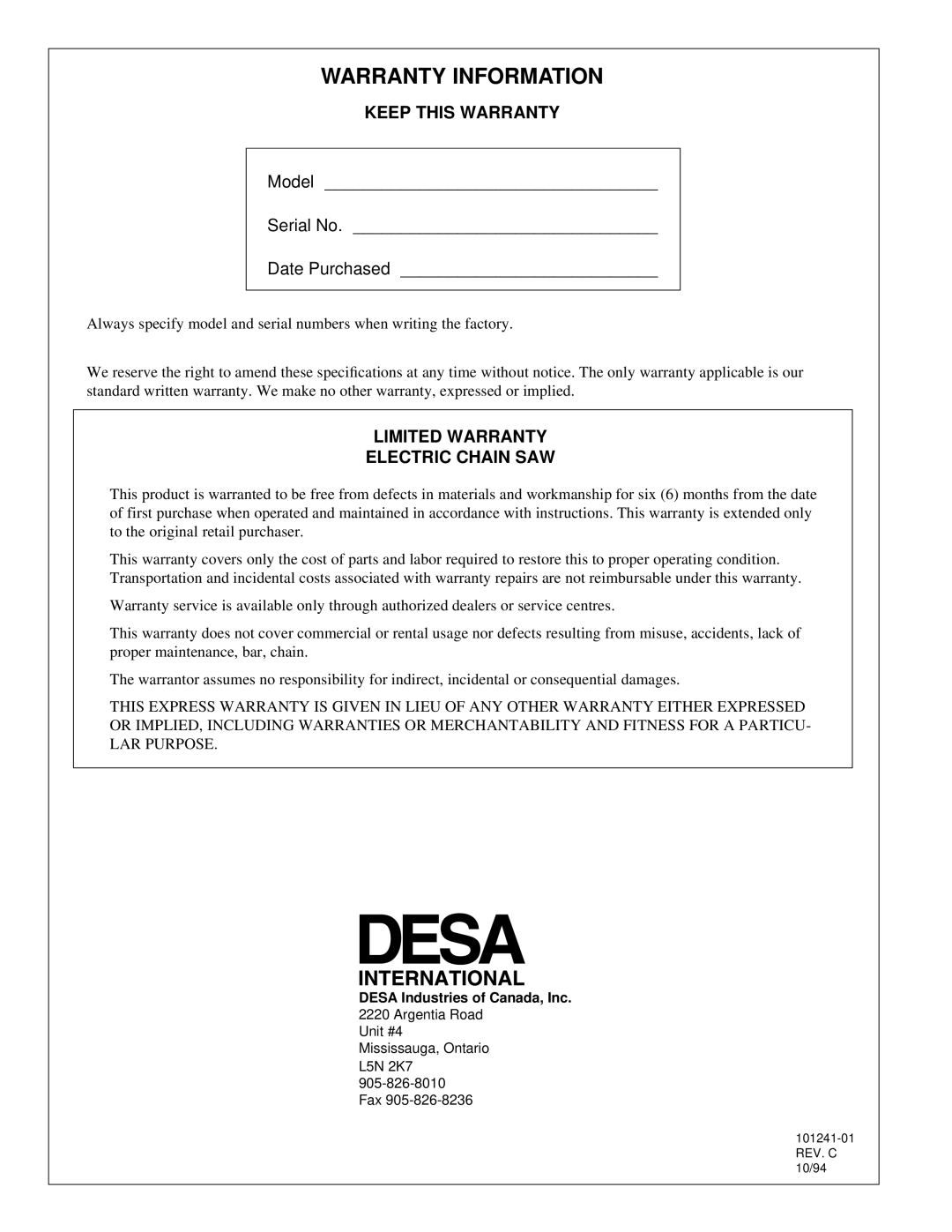 Remington 100582-01, 100582-02 owner manual Warranty Information, Keep this Warranty, Limited Warranty Electric Chain SAW 