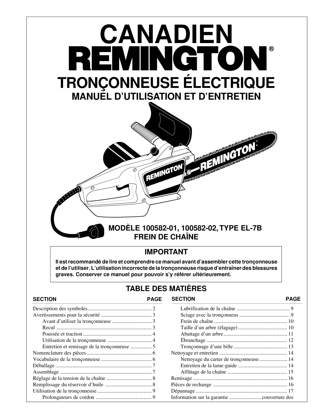 Remington 100582-01, 100582-02, EL-7B owner manual Frein DE Chaîne, Table DES Matières 