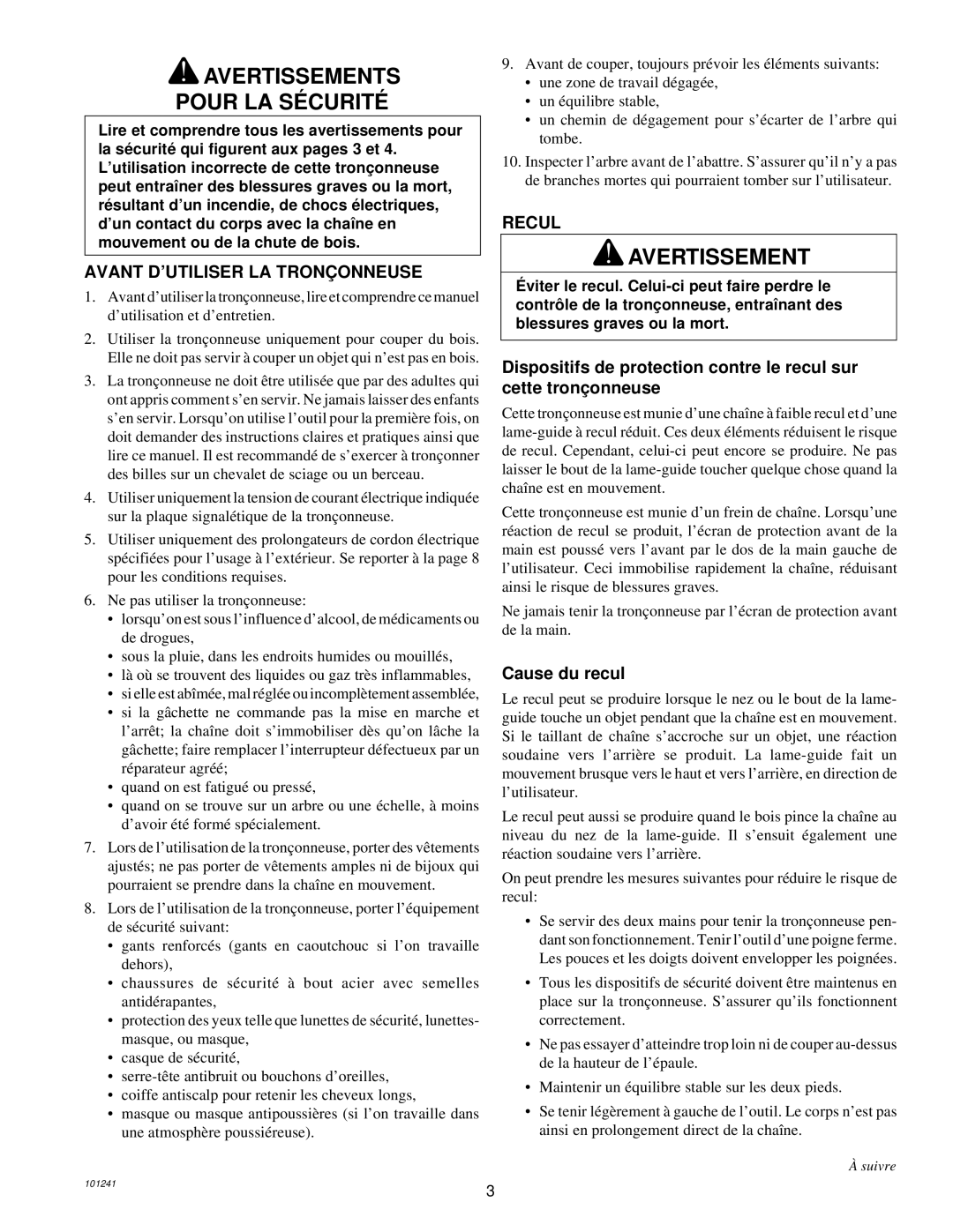 Remington 100582-01, 100582-02, EL-7B owner manual Avertissement, Avant D’UTILISER LA Tronç Onneuse, Recul, Cause du recul 