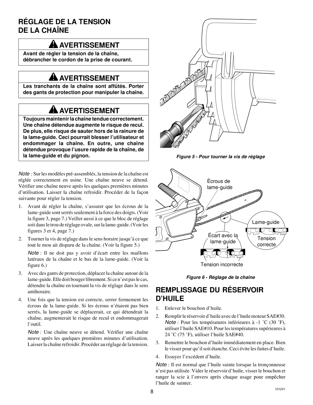 Remington 100582-01, 100582-02 RÉ Glage DE LA Tension DE LA Chaîne Avertissement, Remplissage DU RÉ Servoir D’HUILE 