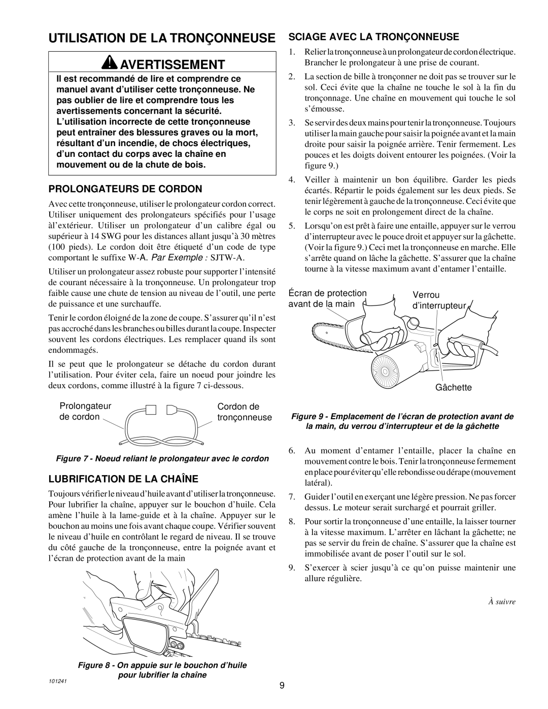 Remington 100582-01, 100582-02, EL-7B owner manual Utilisation DE LA Tronç Onneuse Avertissement, Prolongateurs DE Cordon 