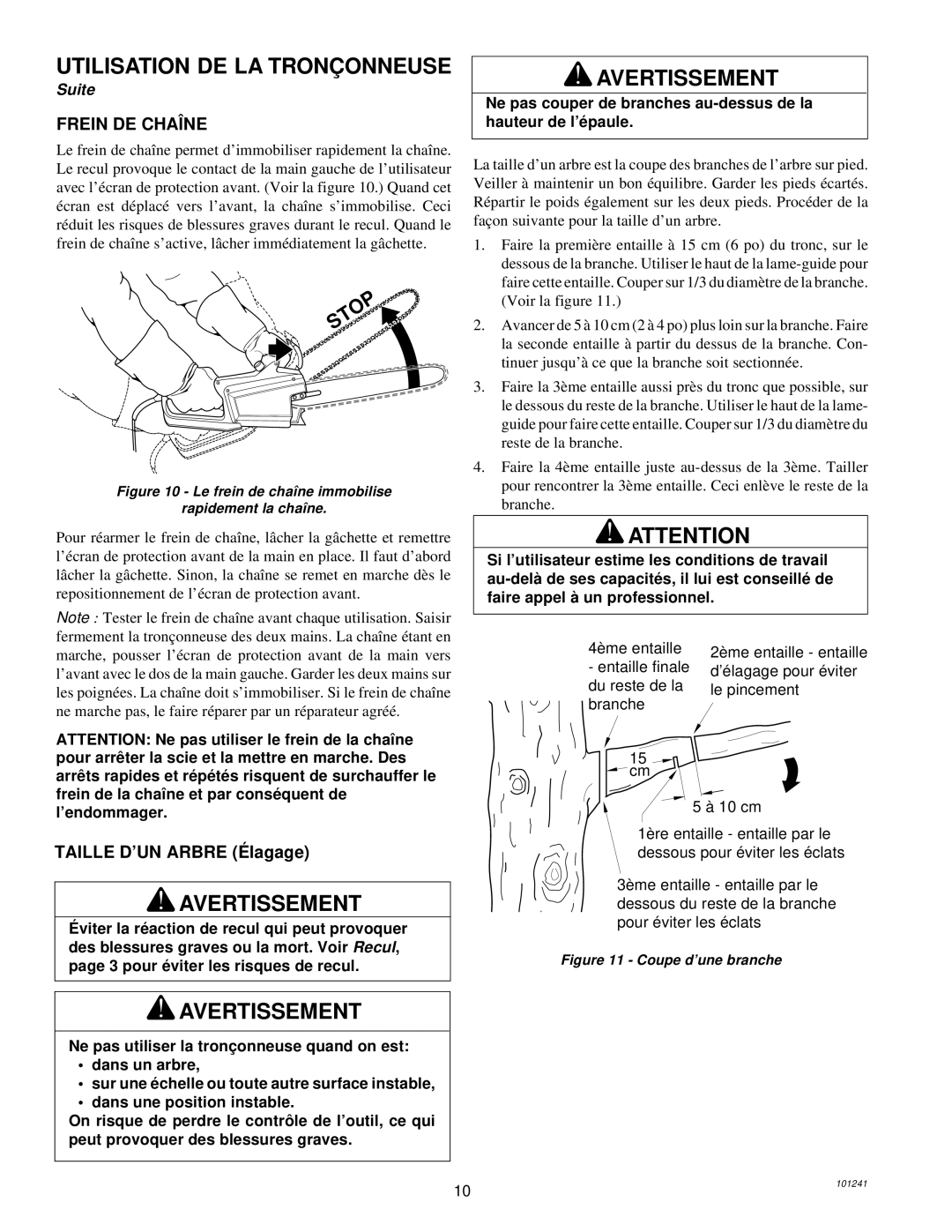 Remington 100582-01, 100582-02 owner manual Utilisation DE LA Tronç Onneuse, Frein DE Chaîne, Taille D’UN Arbre É lagage 