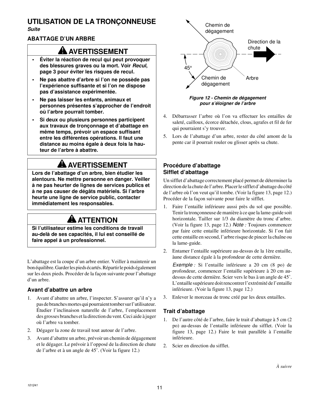 Remington 100582-01, 100582-02, EL-7B owner manual Abattage D’UN Arbre, Avant d’abattre un arbre, Trait d’abattage 