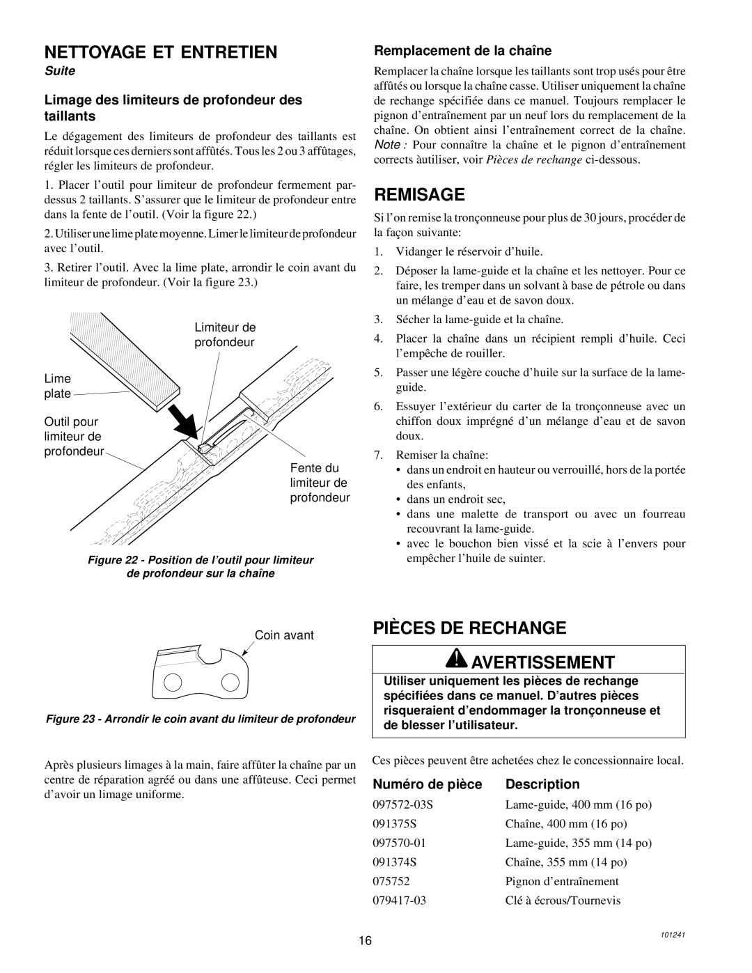 Remington 100582-01, 100582-02 owner manual Remisage, PIÈ CES DE Rechange Avertissement, Remplacement de la chaîne 