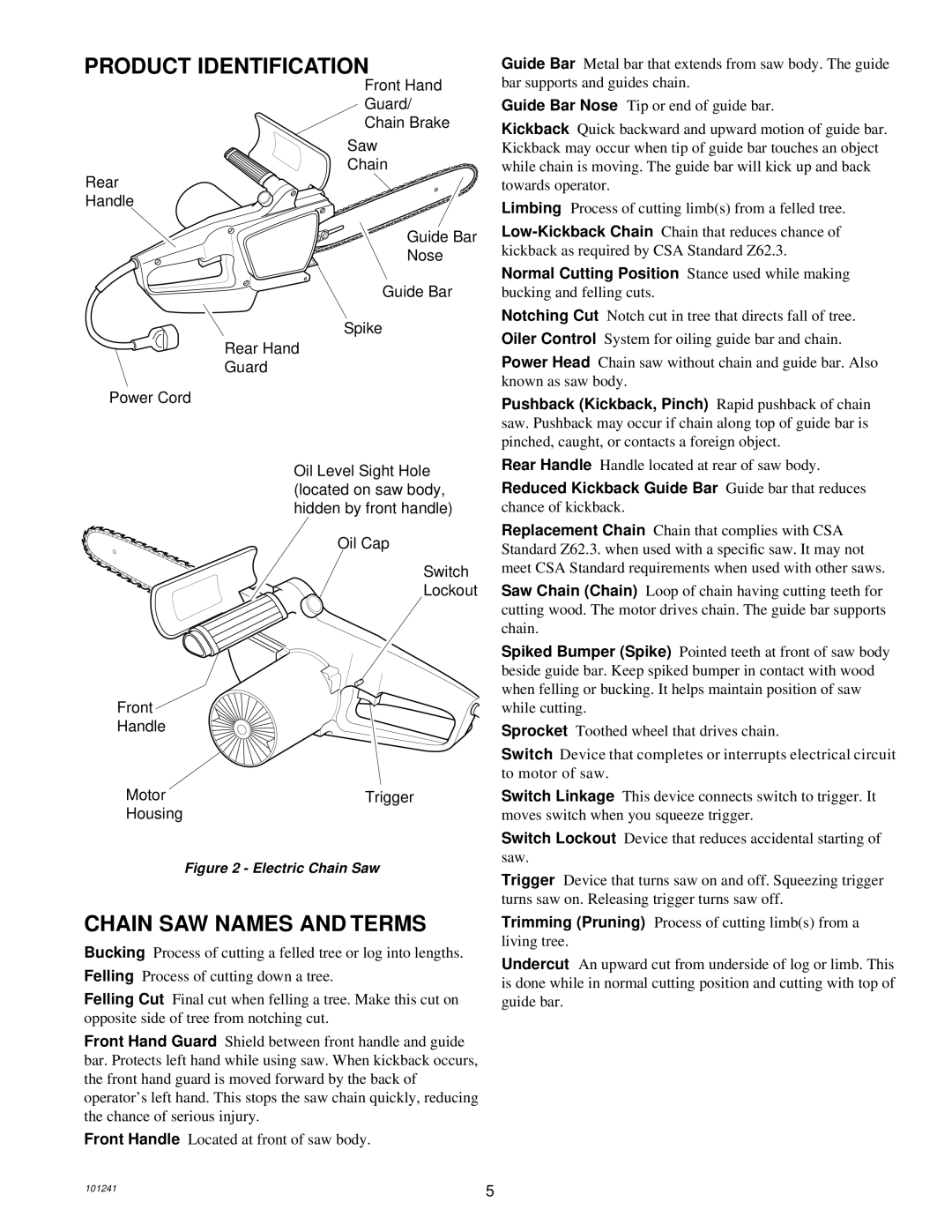 Remington 100582-01, 100582-02, EL-7B owner manual Product Identification, Chain SAW Names and Terms 