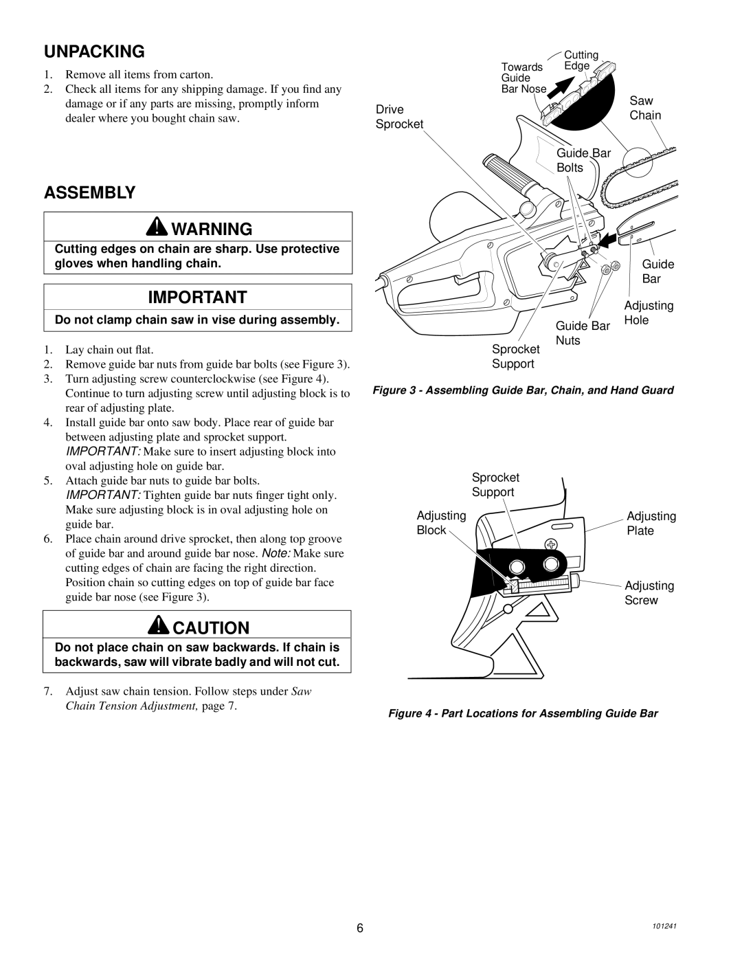 Remington 100582-01, 100582-02, EL-7B owner manual Unpacking, Assembly, Saw Drive Chain Sprocket Guide Bar Bolts 