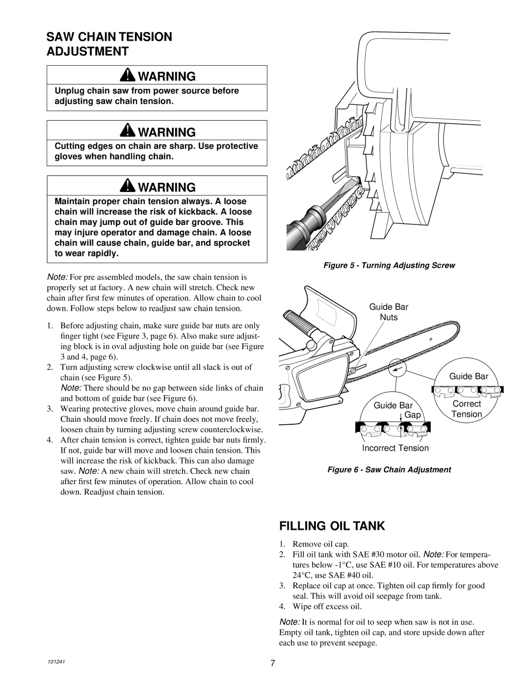 Remington 100582-01, 100582-02, EL-7B owner manual SAW Chain Tension Adjustment, Filling OIL Tank 