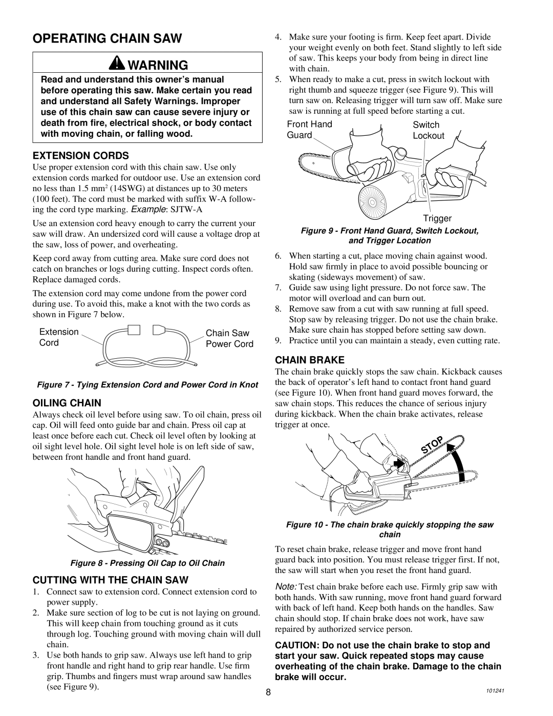 Remington 100582-01, 100582-02 Operating Chain SAW, Extension Cords, Oiling Chain, Chain Brake, Cutting with the Chain SAW 