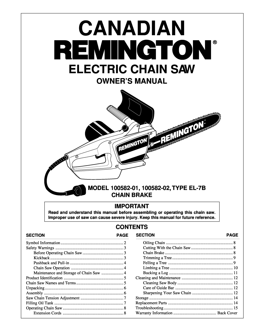 Remington 100582-01, 100582-02, EL-7B owner manual Canadian, Electric Chain Saw, Contents 