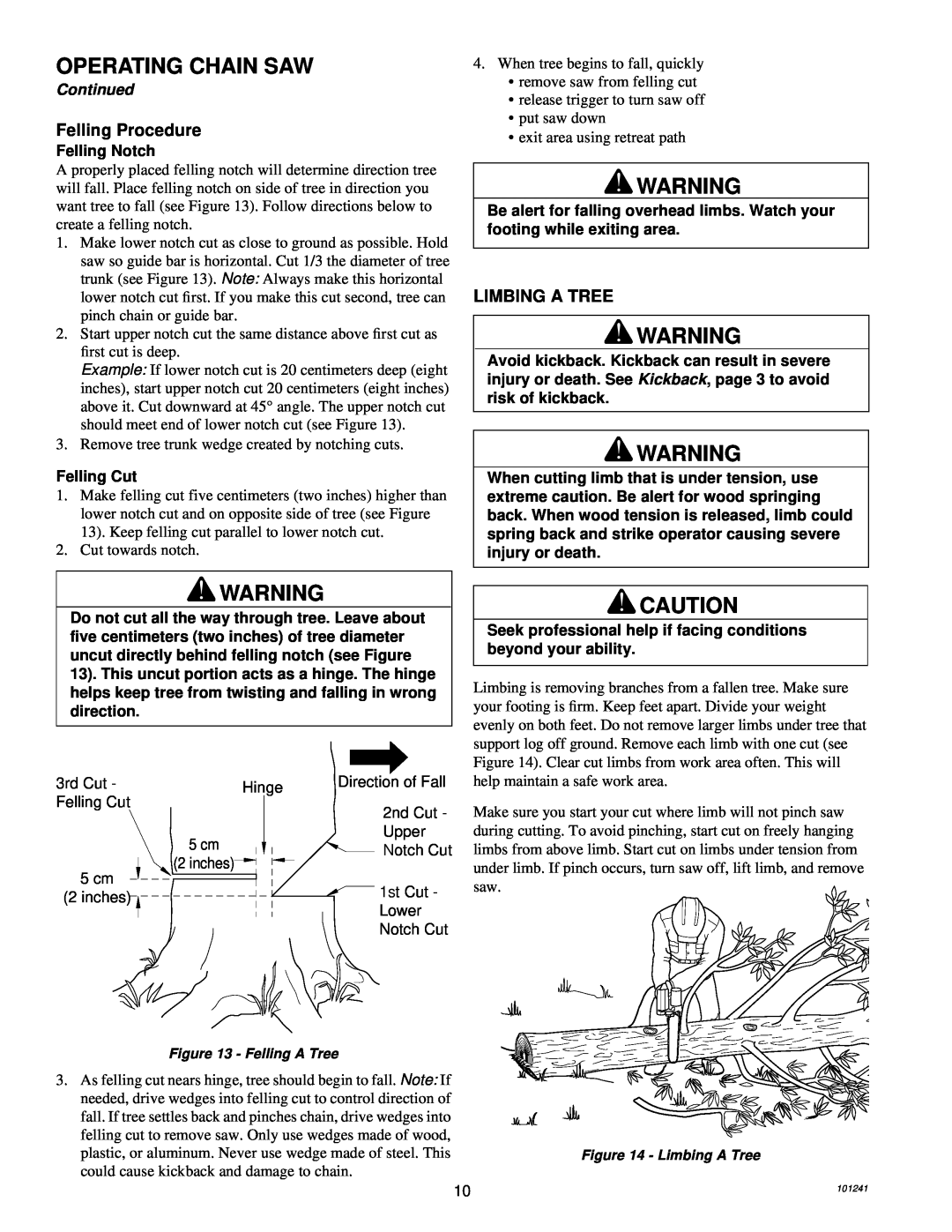 Remington 100582-01, 100582-02 owner manual Felling Procedure, Limbing A Tree, Operating Chain Saw, Continued 